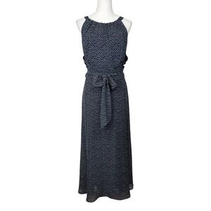 Adrianna Papell Polka Dot Maxi Dress Women 14 Navy Blue Sleeveless Tie